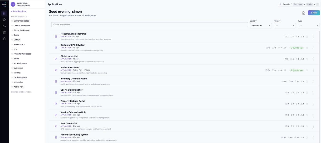 PIES Studio application dashboard listing applications across workspaces